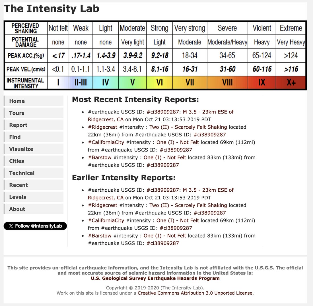 The Intensity Lab website as it appeared in 2020: the USGS instrumental intensity scale across the top, a left-hand menu, and a list of intensity reports naming Ridgecrest, California City and Barstow with their distance from an M3.5 Ridgecrest earthquake.