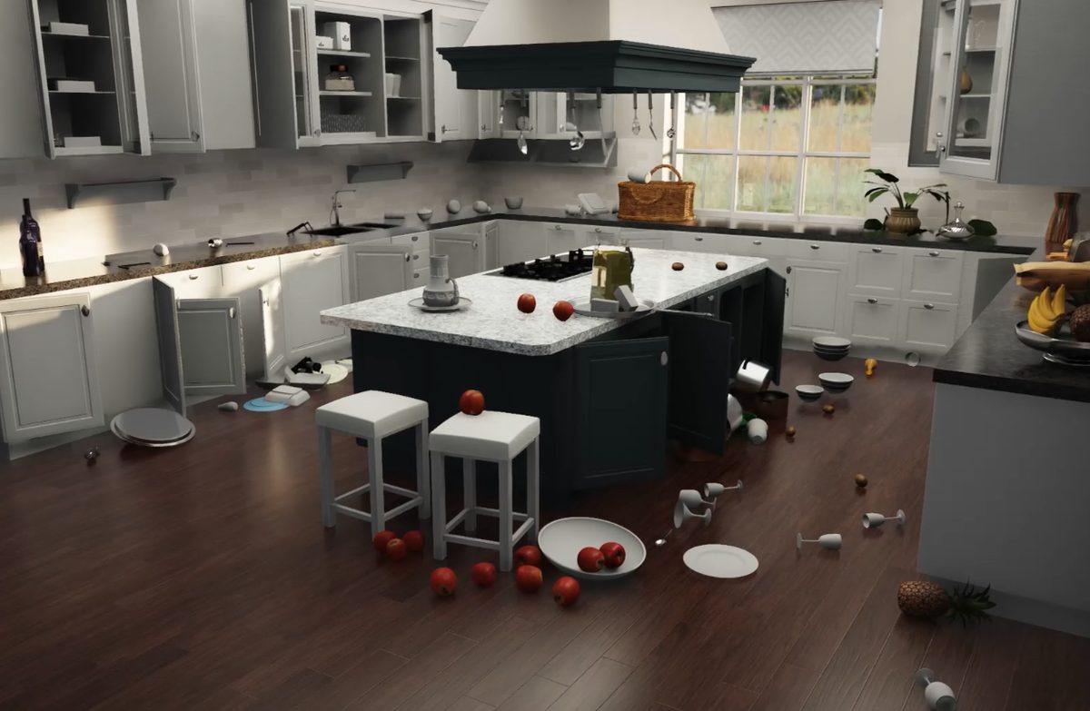 Ray-traced kitchen interior mid-earthquake: dishes, glasses and fruit thrown to the floor, cabinet doors swung open.