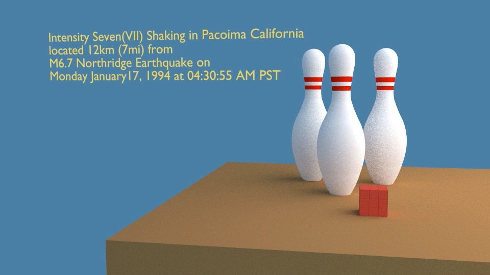 Frame from an early Intensity Lab animation: three bowling pins on a block, captioned Intensity Seven (VII) shaking in Pacoima, California, 12 km from the M6.7 Northridge earthquake of January 17, 1994.