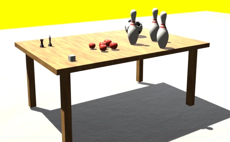 The animation scene: a wooden table on a rug carrying a stack of dice, two chess pieces, a cluster of apples, a triangle of bowling pins, and a soccer ball.