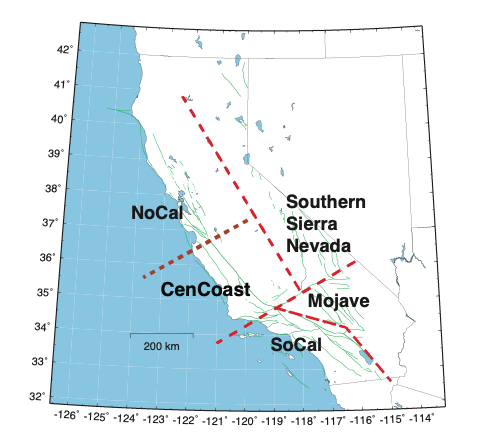 Map of the five SCEC Broadband Platform velocity-model regions across California: NoCal, CenCoast, Southern Sierra Nevada, Mojave and SoCal